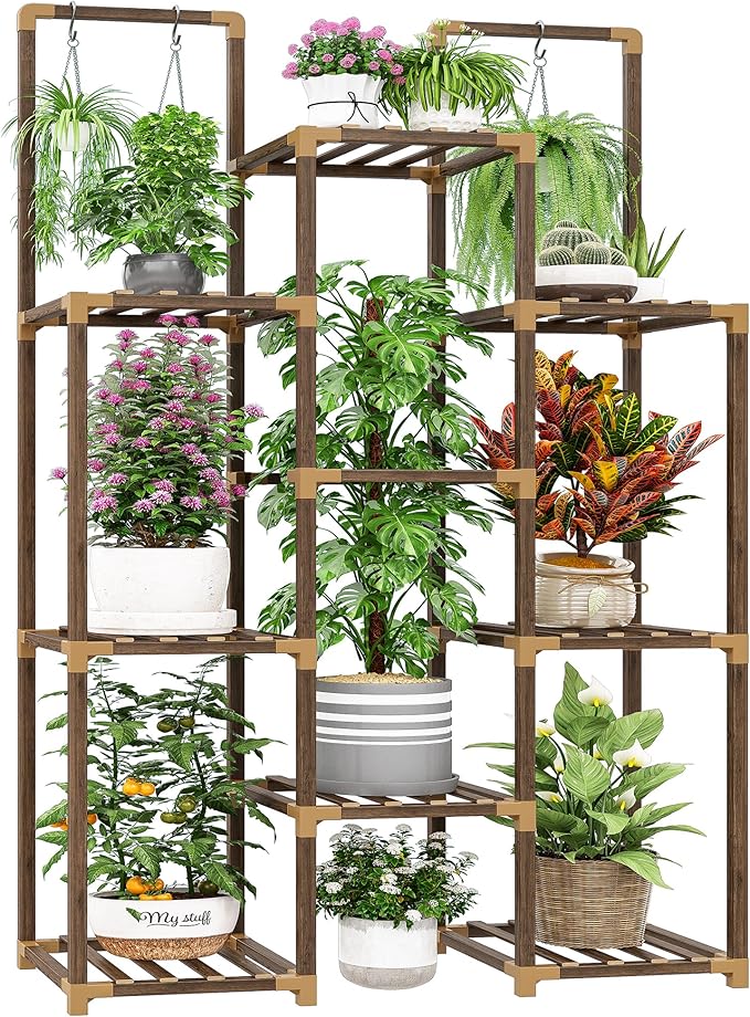 EnHomee Double Rod Tiered Plant Stand Indoor Wood Plant Shelves for Multiple Plants Stands with 8 Potted Load-Bearing 360 LBS 34.2''W*11.8''D*47.4''H
