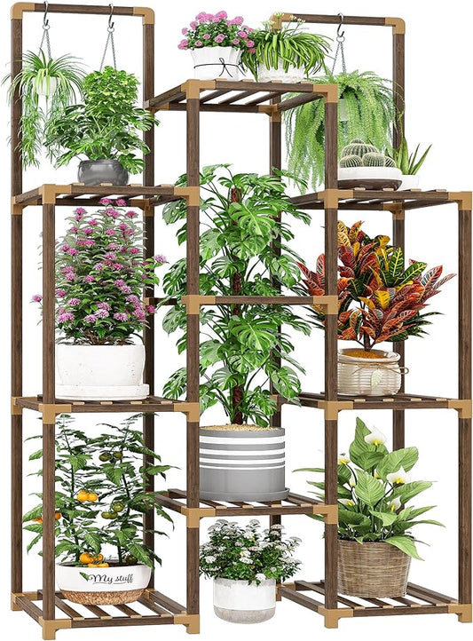EnHomee Double Rod Tiered Plant Stand Indoor Wood Plant Shelves for Multiple Plants Stands with 8 Potted Load-Bearing 360 LBS 34.2''W*11.8''D*47.4''H
