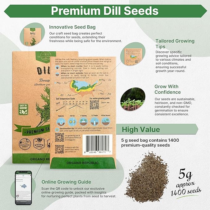 Dill Bouquet Seeds Pack 5 G - Over 1,400 Non-GMO Heirloom Dill Seeds for Planting Herbs in Individual Seed Packet, Herbs Seeds for Planting Home Garden Indoor & Outdoor Gardening