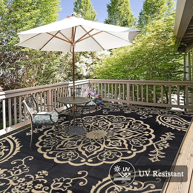 Pauwer Waterproof Outdoor Rug 8x10, Reversible Plastic Straw Patio Camping Rug, Indoor Outdoor RV Mat Carpet for Deck, Camper, Porch, Balcony, Backyard, Picnic, Boho Black Brown