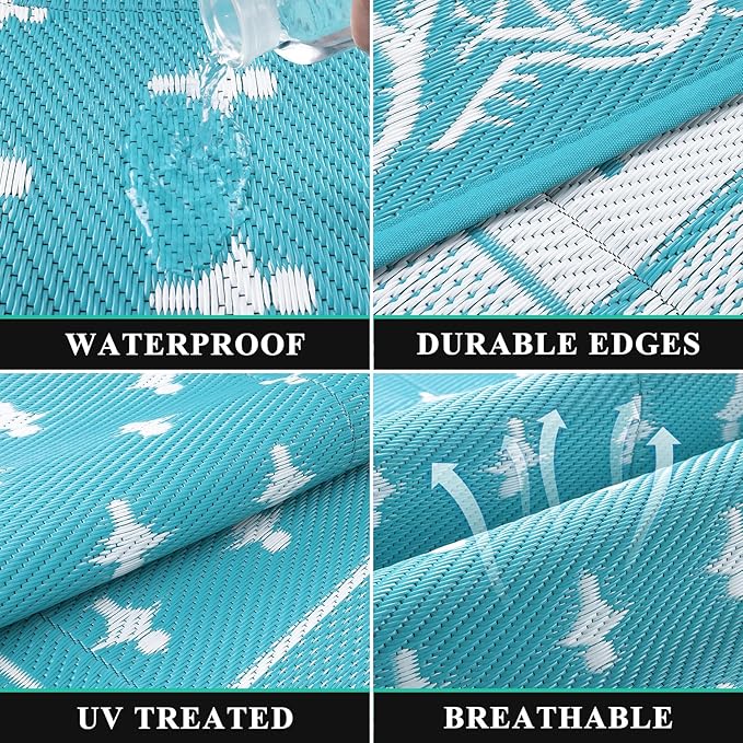 Pauwer Waterproof Outdoor Rug 9x12, Reversible Plastic Straw Patio Camping Rug, Indoor Outdoor RV Mat Carpet for Deck, Camper, Porch, Balcony, Backyard, Picnic, Bordered Teal