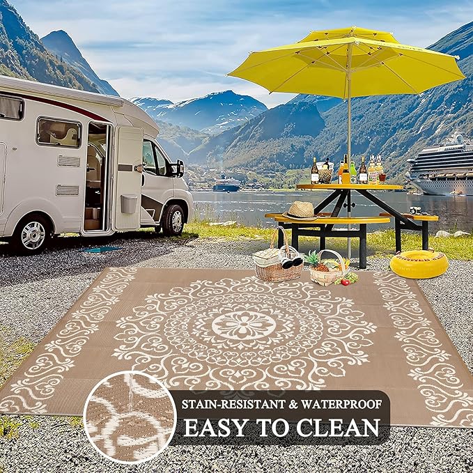 Pauwer Waterproof Outdoor Rug 8x10, Reversible Plastic Straw Patio Camping Rug, Indoor Outdoor RV Mat Carpet for Deck, Camper, Porch, Balcony, Backyard, Picnic, Floral Brown