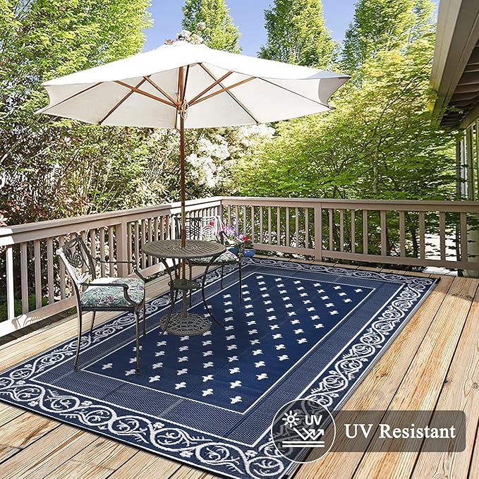 Pauwer Waterproof Outdoor Rug 6x9, Reversible Plastic Straw Patio Camping Rug, Indoor Outdoor RV Mat Carpet for Deck, Camper, Porch, Balcony, Backyard, Picnic, Bordered Navy