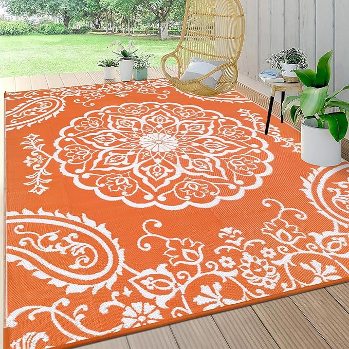 Pauwer Waterproof Outdoor Rug 8x10, Reversible Plastic Straw Patio Camping Rug, Indoor Outdoor RV Mat Carpet for Deck, Camper, Porch, Balcony, Backyard, Picnic, Boho Orange