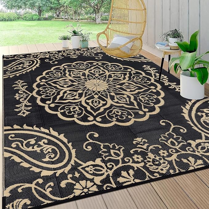 Pauwer Waterproof Outdoor Rug 6x9, Reversible Plastic Straw Patio Camping Rug, Indoor Outdoor RV Mat Carpet for Deck, Camper, Porch, Balcony, Backyard, Picnic, Boho Black Brown
