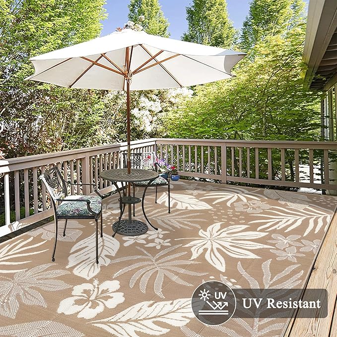 Pauwer Waterproof Outdoor Rug 9x12, Reversible Plastic Straw Patio Camping Rug, Indoor Outdoor RV Mat Carpet for Deck, Camper, Porch, Balcony, Backyard, Picnic, Floral Brown