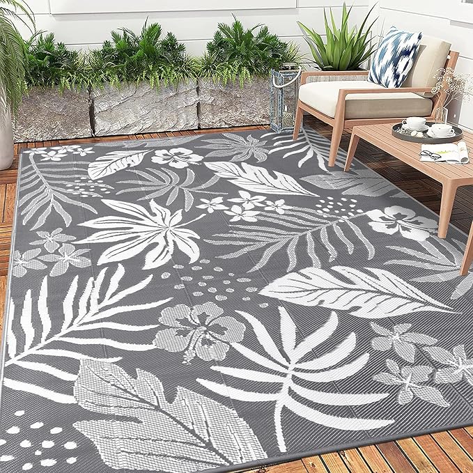 Pauwer Waterproof Outdoor Rug 9x12, Reversible Plastic Straw Patio Camping Rug, Indoor Outdoor RV Mat Carpet for Deck, Camper, Porch, Balcony, Backyard, Picnic, Floral Grey