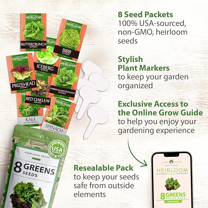 HOME GROWN 8 Lettuce & Salad Greens Seed Vault - 4,000+ Non-GMO Vegetable Seeds for Outdoors or Indoors - Seeds for Planting Hydroponic Garden