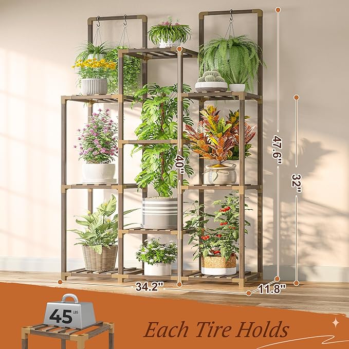 EnHomee Double Rod Tiered Plant Stand Indoor Wood Plant Shelves for Multiple Plants Stands with 8 Potted Load-Bearing 360 LBS 34.2''W*11.8''D*47.4''H