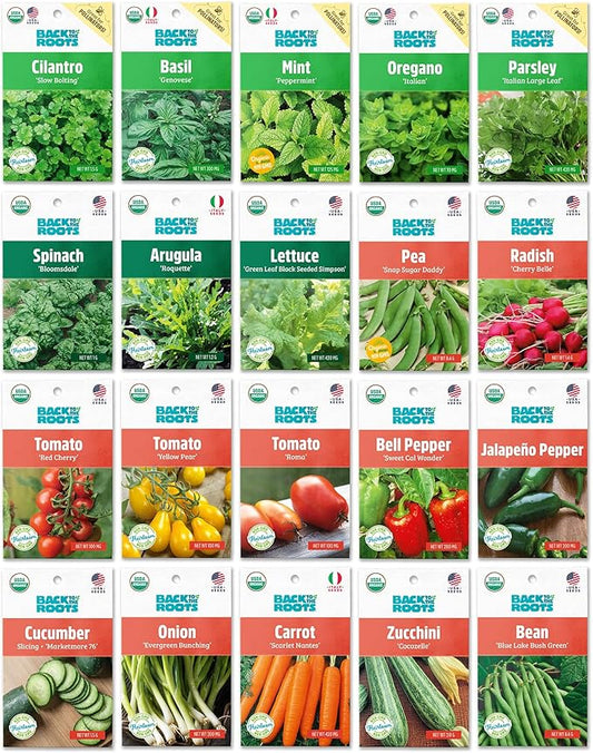 Back to the Roots Organic Seed Bundle - Herbs and Vegetables Variety Pack for Planting - Assorted Non-GMO Seed Mix for Beginner Indoor and Outdoor Gardening, (Pack of 20)
