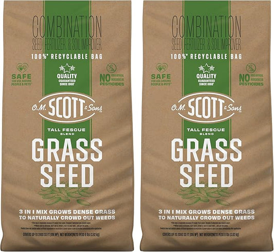 O.M. Scott and Sons Tall Fescue Blend Grass Seed, Fertilizer and Soil Improver, Naturally Crowds Out Weeds, Covers Up to 2,000 sq. ft., 8 lbs., 2-Pack