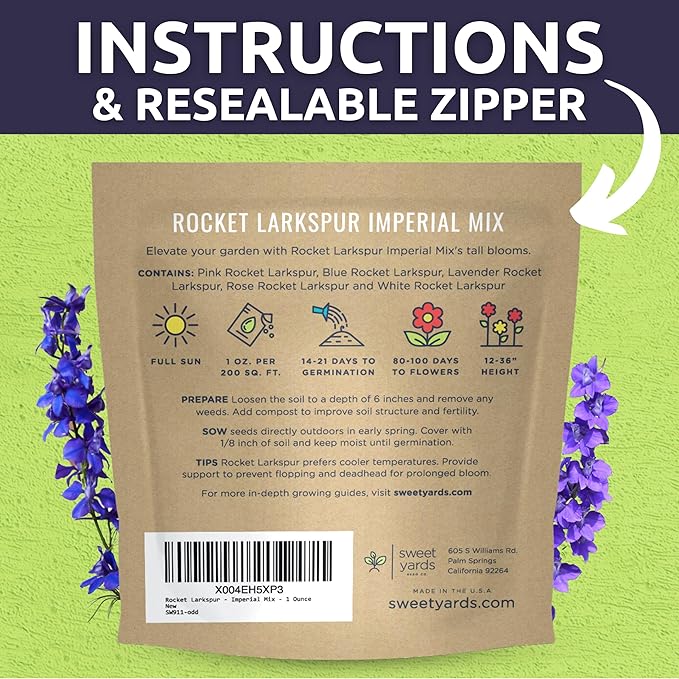 Rocket Larkspur - Imperial Mix - Large 1 Ounce Packet - 8,000 Flower Seeds for Planting - Consolida ajacis