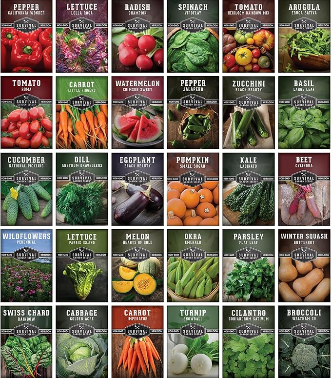 Survival Garden Seeds Home Garden Collection - 30 Pack with 18,500+ Non-GMO Heirloom Vegetable, Fruits, Herb Seed Varieties for Planting - Plant & Grow Survival Food & Emergency Preparedness Gear