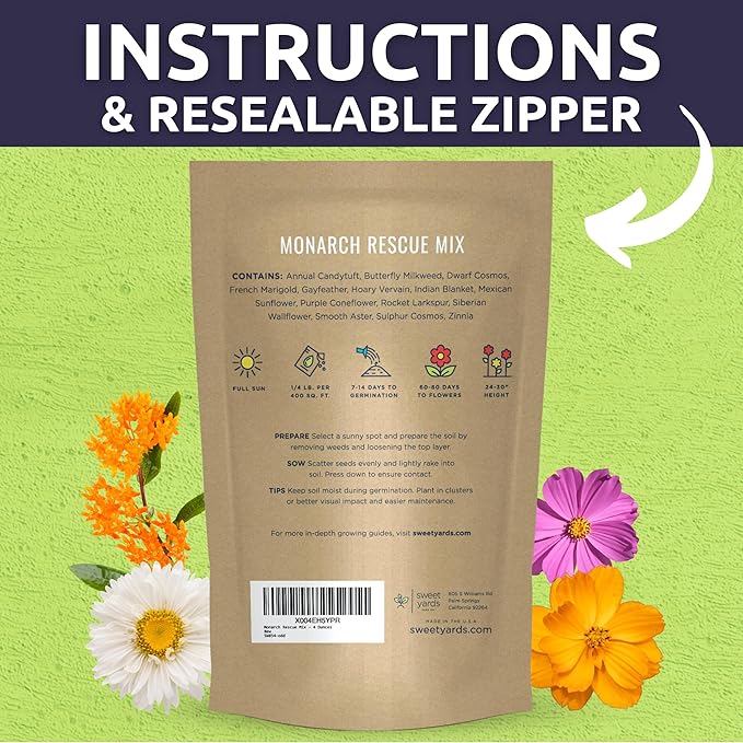 Monarch Butterfly Rescue Mix - Bulk 1/4 Pound Pouch - 44,000 Flower Seeds for Planting - Wildflower Mix