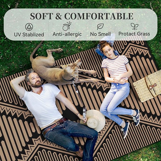 MontVoo Outdoor Rug-Waterproof Patio Rug Mat 5x8 Outdoor Carpet Mat Reversible Plastic Straw Outside Outdoor Rug for RV Camping Picnic Balcony Backyard Pool Deck Porch Modern Boho Black Brown