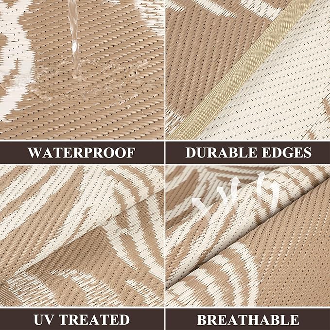 Pauwer Waterproof Outdoor Rug 8x10, Reversible Plastic Straw Patio Camping Rug, Indoor Outdoor RV Mat Carpet for Deck, Camper, Porch, Balcony, Backyard, Picnic, Leaf Brown