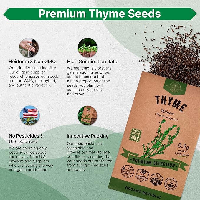 Thyme Seeds Pack 0.5 G - Over 1,350 Non-GMO Heirloom Thyme Seeds for Planting Herbs in Individual Seed Packet, Herbs Seeds for Planting Home Garden Indoor & Outdoor Gardening