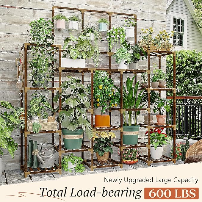 EnHomee 63''H Upgrade Plant Stand Indoor Tall Plant Stands Outdoor with 7 Tiers and 14 Potted Wood Plants Shelves Stand Load-Bearing 600 LBS 11.8''x56''x63''