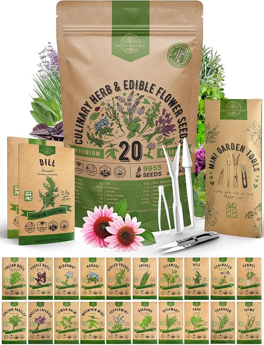 Organo Republic 20 Culinary Herbs & Edible Flower Seeds Variety Pack for Planting Indoor & Outdoor. 9500+ Non-GMO Heirloom Flower Garden Seeds: Basil, Borage, Echinacea, Lavender, Oregano Seeds & More