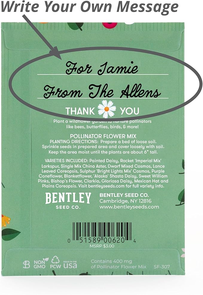Bentley Seed Co. Thank You Packet - Pollinator Flower Mix - 25 Seed Packets - Perfect Eco-Friendly Thank You Gift - Non GMO Seeds, Green