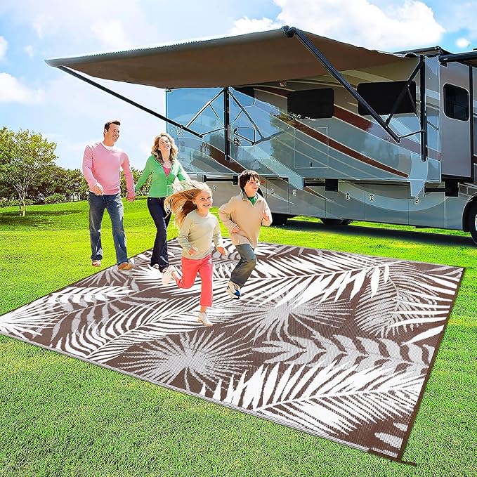 Outdoor Rug Waterproof for Patios Clearance, Reversible Outdoor Plastic Straw Rug Camping Carpet, Outside Floor Mats Large Area Rugs for RV,Patio,Deck,Porch,Beach,Balcony，10'x8',Brown&White