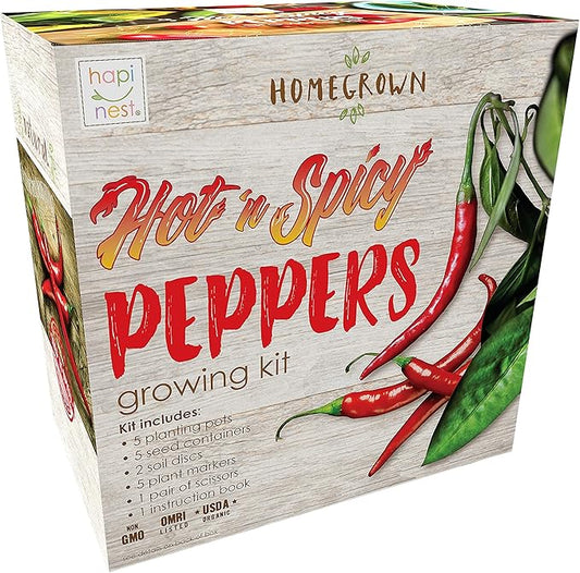 Hapinest Indoor Hot and Spicy Pepper Garden Seed Starter Growing Kit Gardening Gifts for Men and Women - Jalapeno, Habanero, Hungarian Yellow Wax, Ghost, and Cayenne