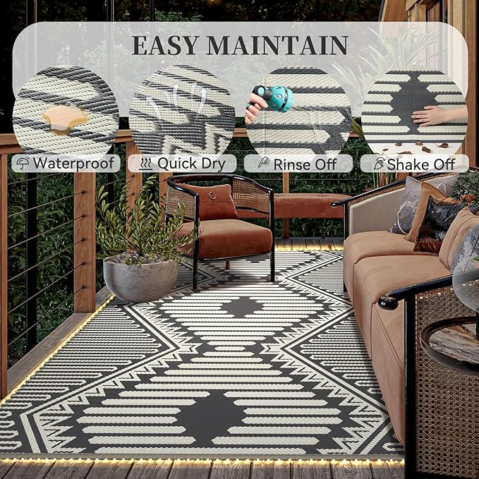 MontVoo Outdoor Rug with Led String Strip Lights 8x10 ft Waterproof Outdoor Patio Rug Mat Reversible Plastic Straw Rug Outside Outdoor Rug for RV Camping Picnic Balcony Fairy Boho Outdoor Decor