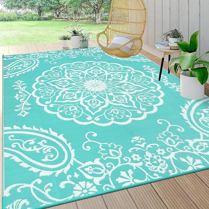 Pauwer Waterproof Outdoor Rug 8x10, Reversible Plastic Straw Patio Camping Rug, Indoor Outdoor RV Mat Carpet for Deck, Camper, Porch, Balcony, Backyard, Picnic, Boho Light Blue