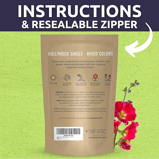 Hollyhock Single - Mixed Colors - Bulk 1/4 Pound Pouch - 10,000 Flower Seeds for Planting - Alcea rosea