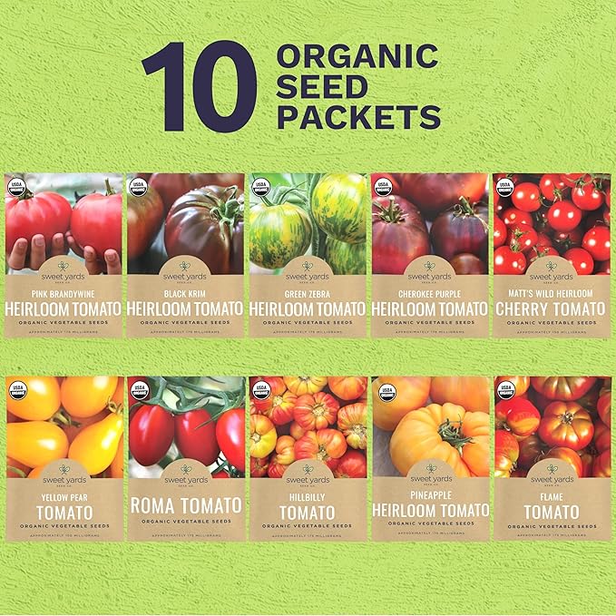 Organic Tomato Seeds Variety Pack - 10 Individual Packs - 2025 Season - Roma, Cherry, Black Krim, Yellow Pear, Pineapple and More! for Indoor & Outdoor Planting (Non-GMO, Certified Organic)