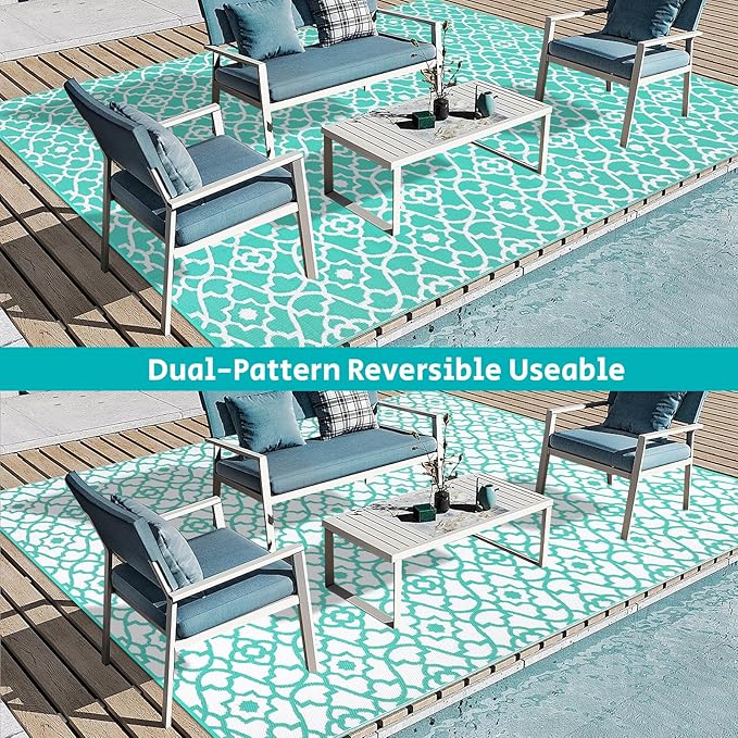 HEBE Outdoor Rug Waterproof 9x12, Reversible Plastic Straw Rug RV Camping Rug, Indoor Outdoor Patio Mat Clearance, Outside Carpet for Porch,Deck,Camper,Balcony,Backyard,Picnic