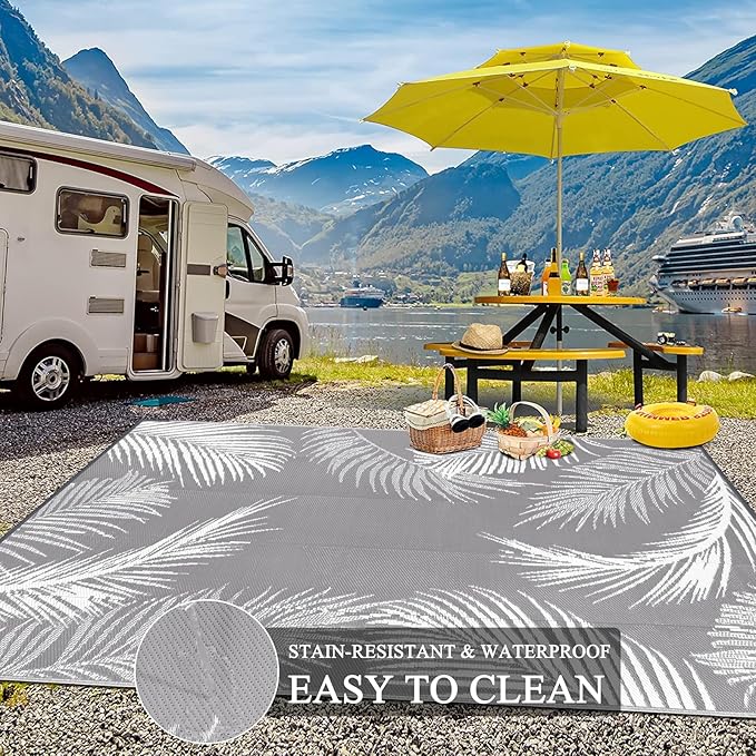 Pauwer Waterproof Outdoor Rug 9x12, Reversible Plastic Straw Patio Camping Rug, Indoor Outdoor RV Mat Carpet for Deck, Camper, Porch, Balcony, Backyard, Picnic, Leaf Grey