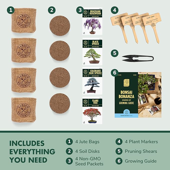 Bonsai Tree Seed Starter Kit - Mini Bonsai Plant Growing Kit, 4 Types of Seeds, Potting Soil, Jute Bags, Pruning Shears Scissor Tool, Plant Markers, Wood Gift Box, Day Gardening Gifts for Women