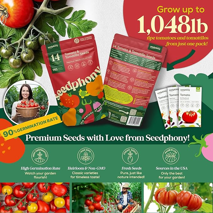 14 Tomatillo & Tomato Seeds for Planting Variety Pack - 990+ Non-GMO Heirloom Vegetable Seeds for Growing Tomato Indoor & Outdoor: Cape Gooseberry, Cherry, Flame, Roma, Pink, Beefsteak Tomatoes