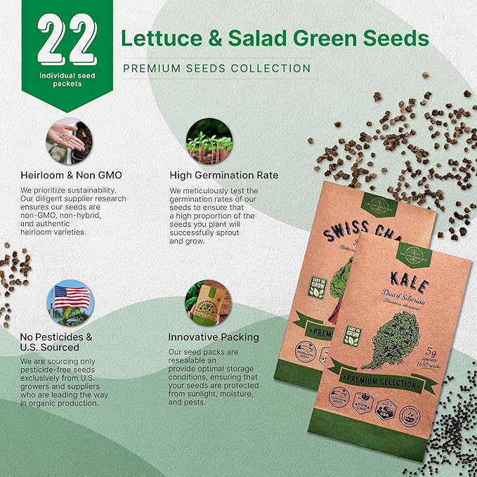 22 Lettuce & Salad Greens Seeds Variety Pack 24,700+ Non-GMO Heirloom Lettuce Seeds for Indoors & Outdoors Garden, Hydroponics, Aerogarden - Arugula, Kale, Spinach, Swiss Chard, Lettuce