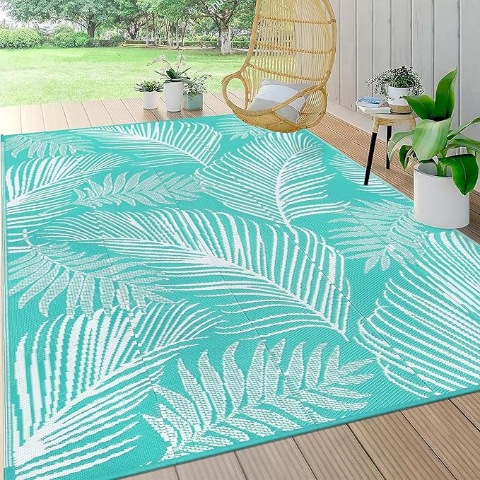 Pauwer Waterproof Outdoor Rug 8x10, Reversible Plastic Straw Patio Camping Rug, Indoor Outdoor RV Mat Carpet for Deck, Camper, Porch, Balcony, Backyard, Picnic, Leaf Light Blue