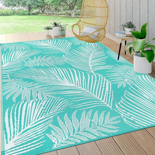 Pauwer Waterproof Outdoor Rug 8x10, Reversible Plastic Straw Patio Camping Rug, Indoor Outdoor RV Mat Carpet for Deck, Camper, Porch, Balcony, Backyard, Picnic, Leaf Light Blue