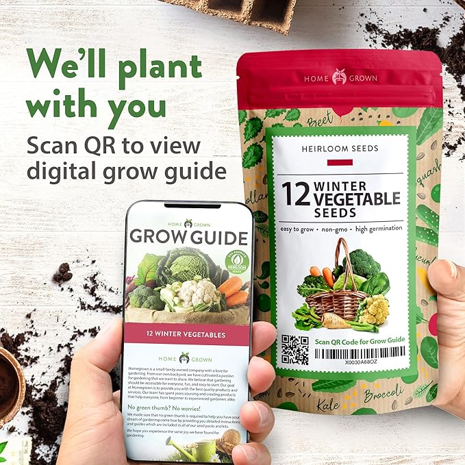 HOME GROWN 12 Winter Vegetable Seeds - Heirloom, Non-GMO Fall & Winter Vegetable Seeds for Planting Home Garden: Bean, Beet, Broccoli, Cabbage, Carrot, Cauliflower, Kale, Parsnip, Squash, Chard & More