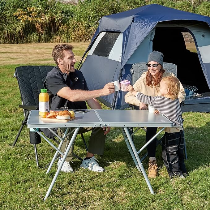 EVER ADVANCED Large Camping Table for 4-6 Person, Portable Folding Aluminum Table with Carrying Handle, Suitable for BBQ, Picnic, Camping and Indoor Use, Support up to 130LBS, Silver