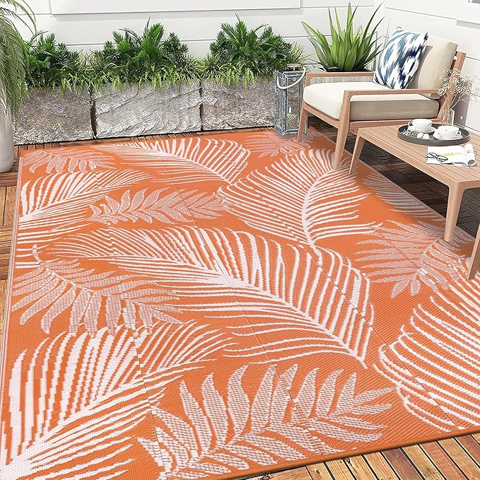 Pauwer Waterproof Outdoor Rug 8x10, Reversible Plastic Straw Patio Camping Rug, Indoor Outdoor RV Mat Carpet for Deck, Camper, Porch, Balcony, Backyard, Picnic, Leaf Orange