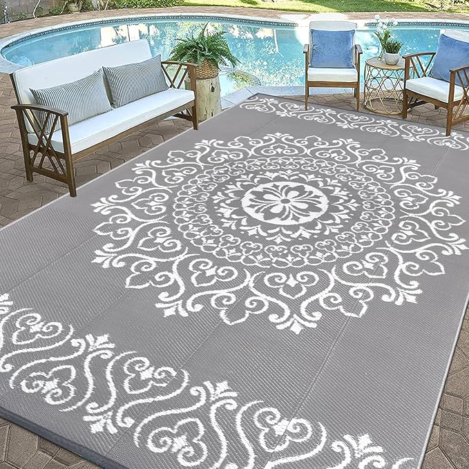 Pauwer Waterproof Outdoor Rug 9x12, Reversible Plastic Straw Patio Camping Rug, Indoor Outdoor RV Mat Carpet for Deck, Camper, Porch, Balcony, Backyard, Picnic, Floral Grey