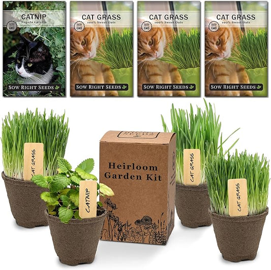 Sow Right Seeds - Heirloom Garden Kit for Cat Lovers - 4 Seed Packets with Instructions, Pots, Potting Soil, and Plant Markers - Start and Grow Catnip and Cat Grass Indoors - Non GMO - Wonderful Gift