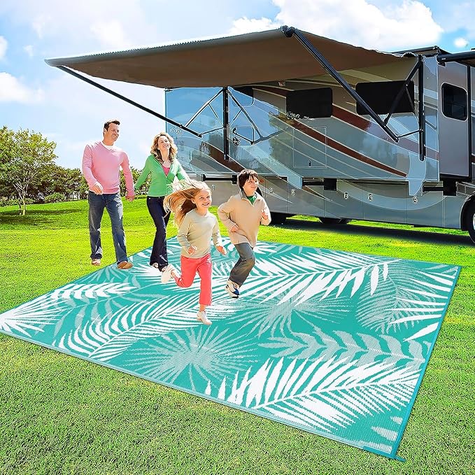 Outdoor Rug 8'x10' Waterproof for Patios Clearance, Reversible Outdoor Plastic Straw Rug Camping Carpet, Outside Floor Mats Large Area Rugs for RV,Patio,Deck,Porch, Beach,Balcony,Teal&White