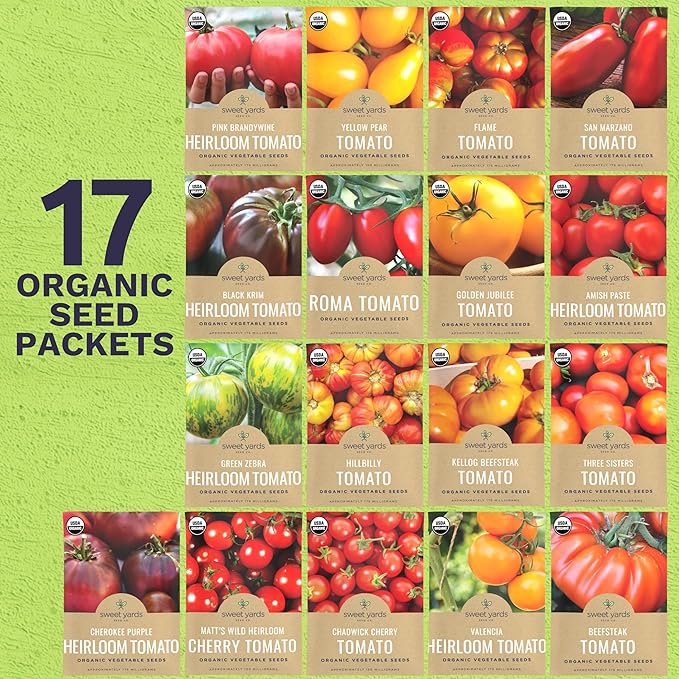 Organic Tomato Ultimate Seed Variety Pack - 17 Individual Packs - 2025 Season - Black Krim, Golden Jubilee, Cherokee Purple and More! for Indoor & Outdoor Planting (Non-GMO, Certified Organic)