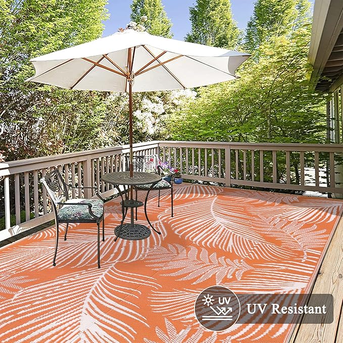 Pauwer Waterproof Outdoor Rug 8x10, Reversible Plastic Straw Patio Camping Rug, Indoor Outdoor RV Mat Carpet for Deck, Camper, Porch, Balcony, Backyard, Picnic, Leaf Orange