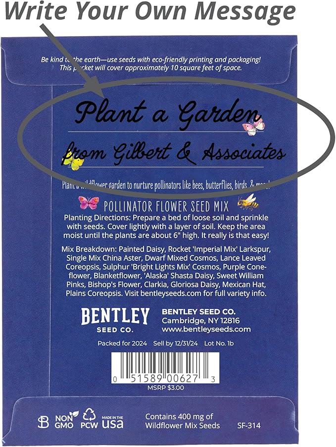 Bentley Seed Co. | Earth Day Planet Pollinator Flowers | Illustrated Bee Butterfly Flower Seed Packets | Environmental Favors for Events | Wildflower Mix Seed | Eco-Friendly Hand Out Gift | 25 Pack