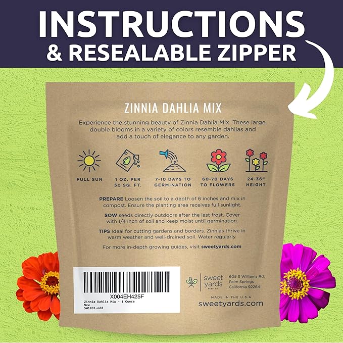 Zinnia Dahlia Mix - Large 1 Ounce Packet - 4,000 Flower Seeds for Planting - Zinnia elegans