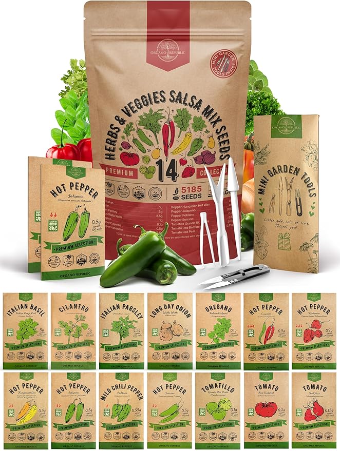 14 Herbs & Veggies Salsa Mix Seeds Variety Pack - 5,180+ Non GMO Heirloom Herb, Tomato & Chili Pepper Seeds for Planting, Outdoor & Indoor Home Gardening: Basil, Cilantro, Onion, Peppers, Tomatoes