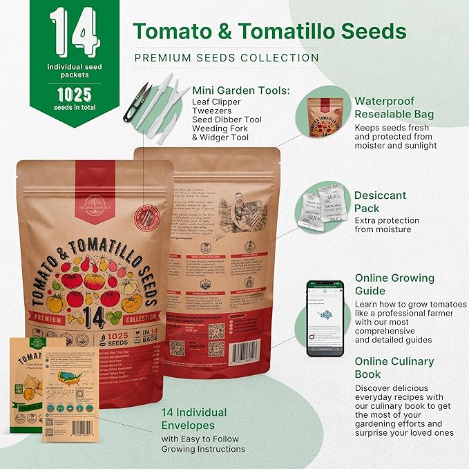 14 Rare Tomato & Tomatillo Garden Seeds Variety Pack - 1,020+ Non-GMO Heirloom Tomato & Tomatillo Seeds for Outdoors & Indoor Home Gardening