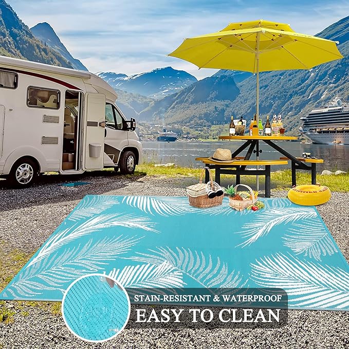 Pauwer Waterproof Outdoor Rug 5x8, Reversible Plastic Straw Patio Camping Rug, Indoor Outdoor RV Mat Carpet for Deck, Camper, Porch, Balcony, Backyard, Picnic, Leaf Teal